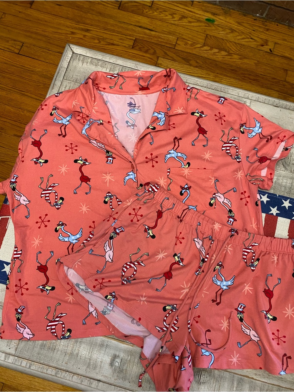 Women’s Coral Flamingo Print Pajama Set Patriotic 4th of July Size Small